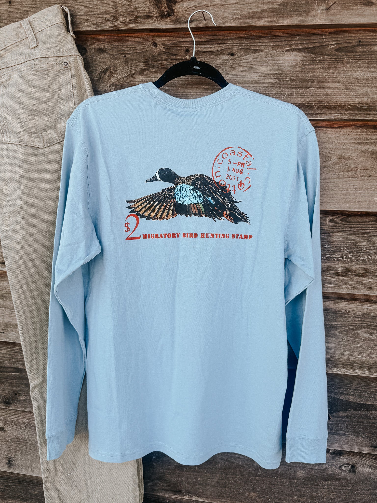 Coastal Cotton Duck Stamp Long Sleeve T-Shirt in Blue Fog