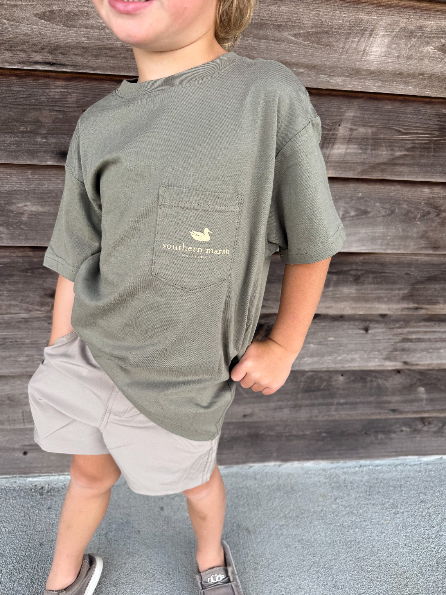 Youth Southern Marsh Vintage Camo Duck Decoy T-Shirt in Stonewall Olive