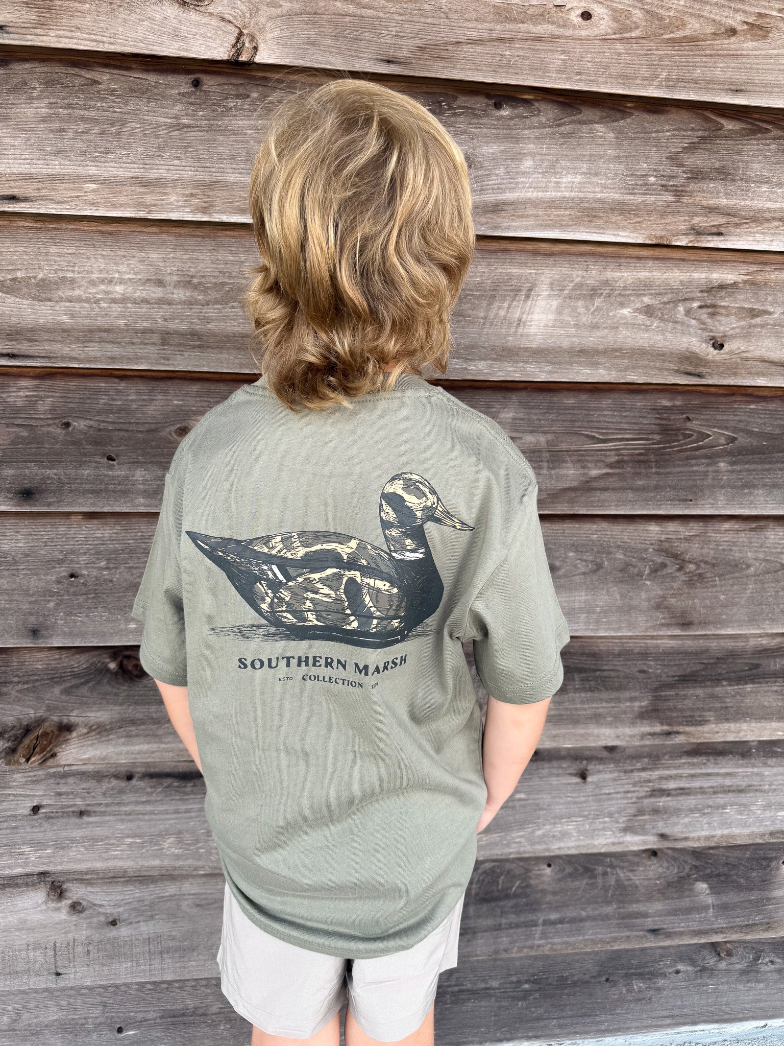 Youth Southern Marsh Vintage Camo Duck Decoy T-Shirt in Stonewall Olive