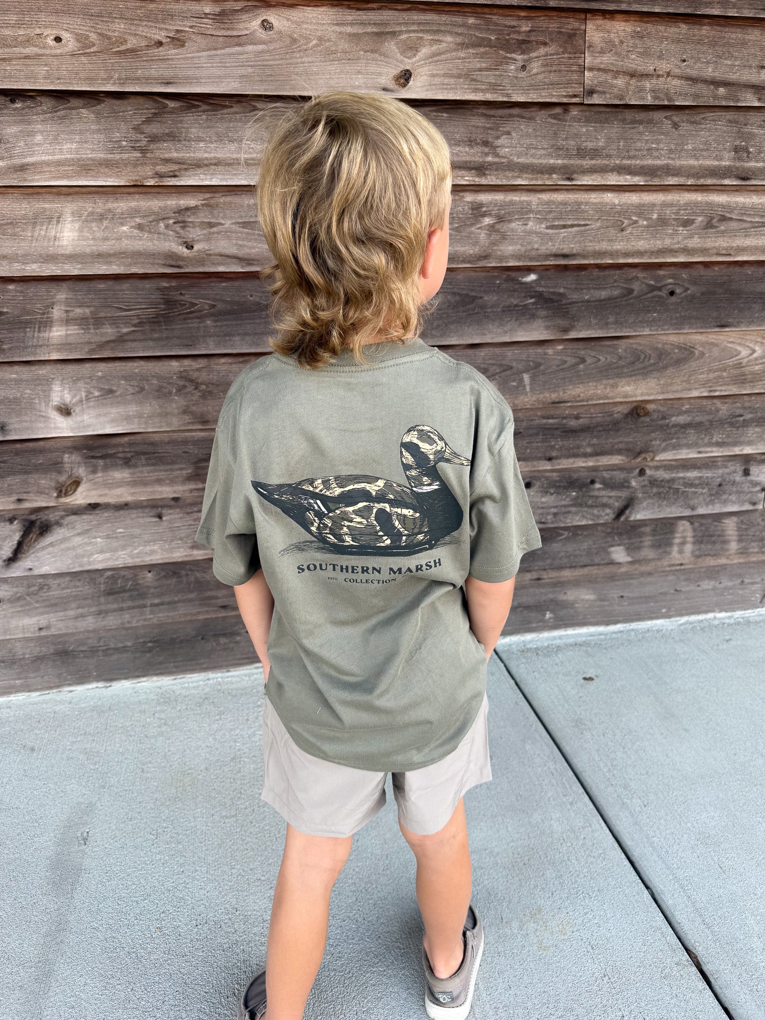 Youth Southern Marsh Vintage Camo Duck Decoy T-Shirt in Stonewall Olive