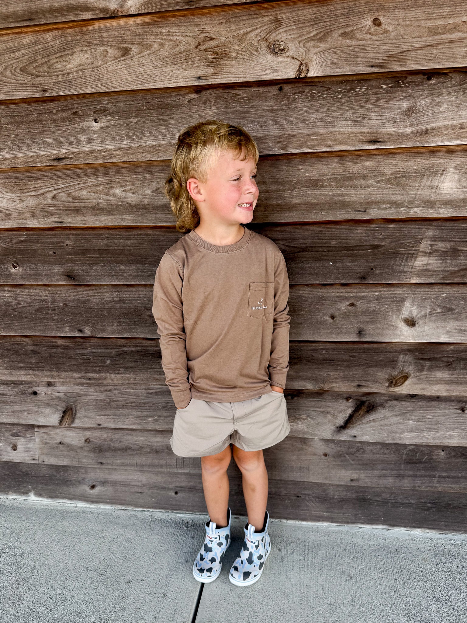 Youth Properly Tied Field Camo Logo T-Shirt in Walnut