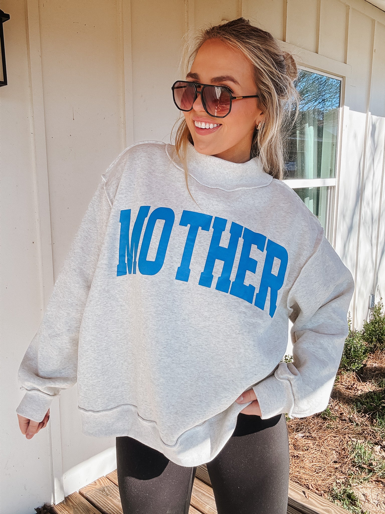 Reversible Mother/Cool Mom Mock Neck Sweatshirt in Grey