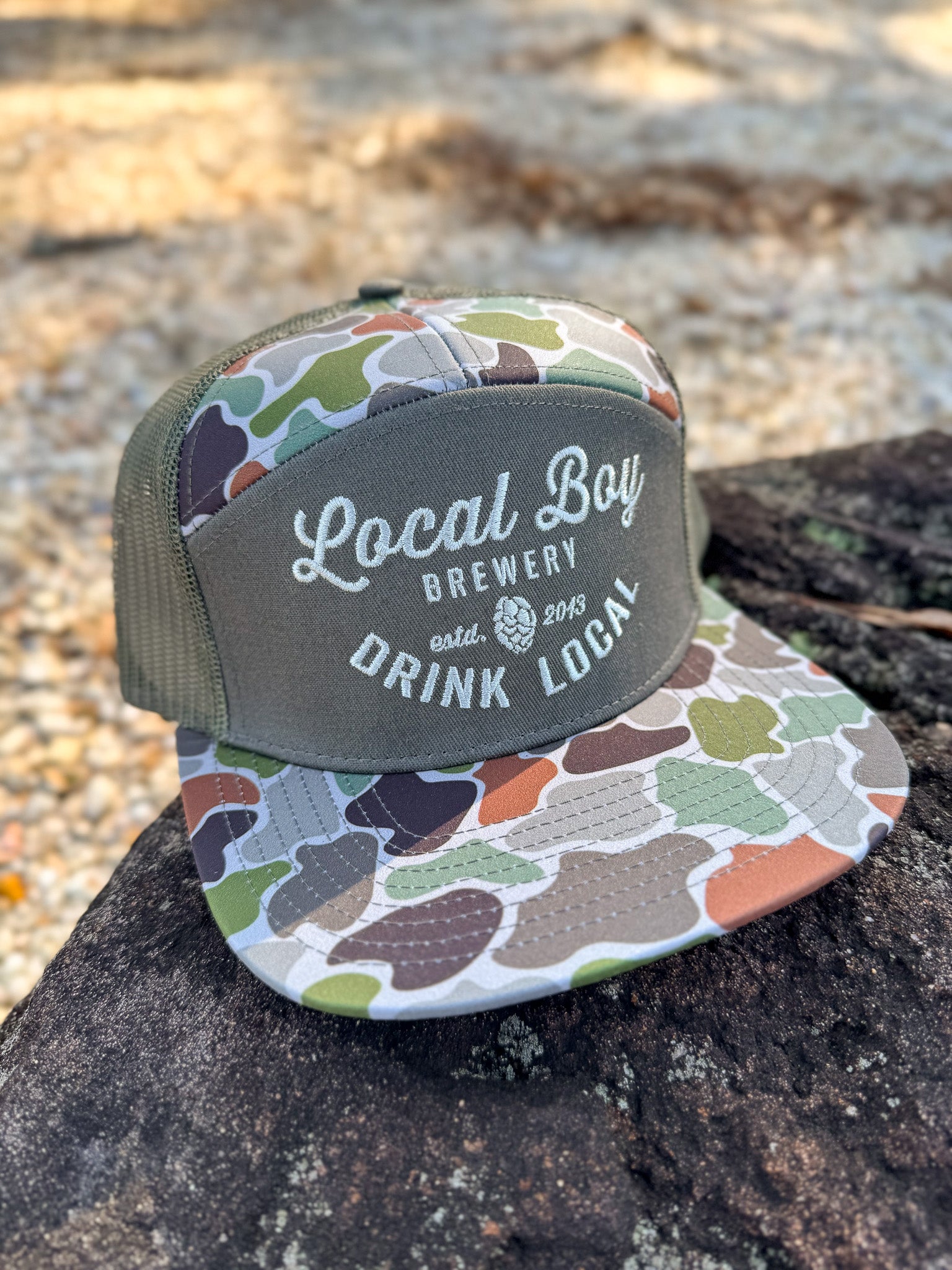 Men's Local Boy Outfitters Brew 7 Panel Trucker in Forest Camo