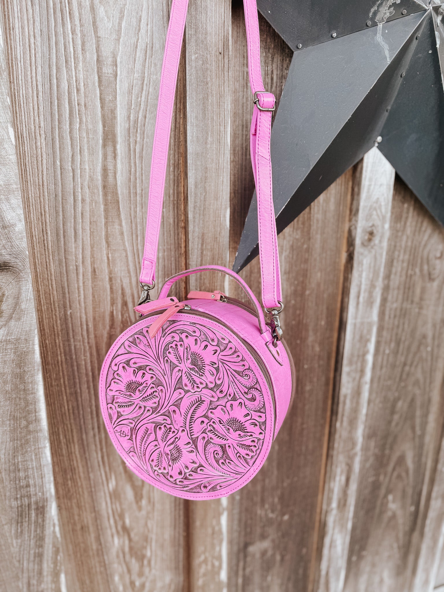 Pink Leather Round Crossbody Purse