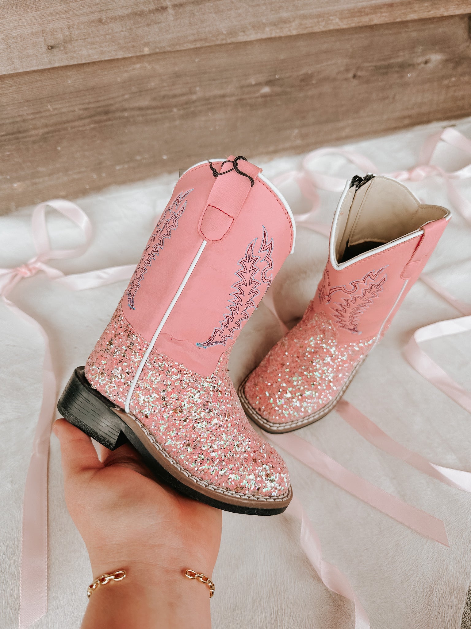 OLD WEST TODDLER PINK GLITTER SQUARE TOE BOOTS