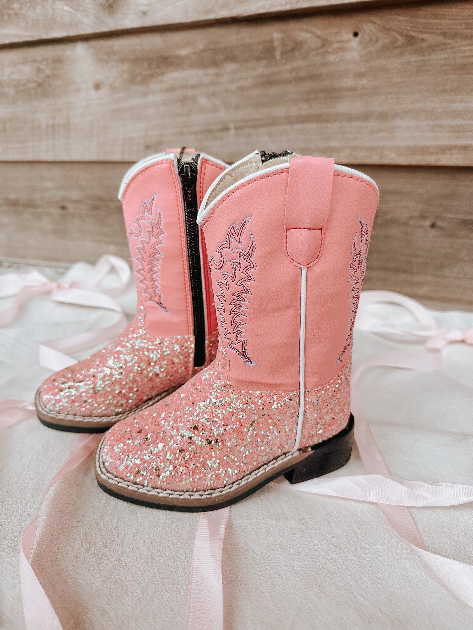 OLD WEST TODDLER PINK GLITTER SQUARE TOE BOOTS