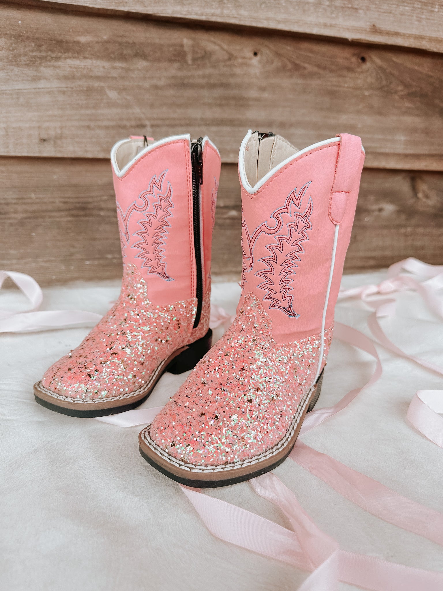 OLD WEST TODDLER PINK GLITTER SQUARE TOE BOOTS