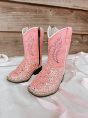 OLD WEST TODDLER PINK GLITTER SQUARE TOE BOOTS