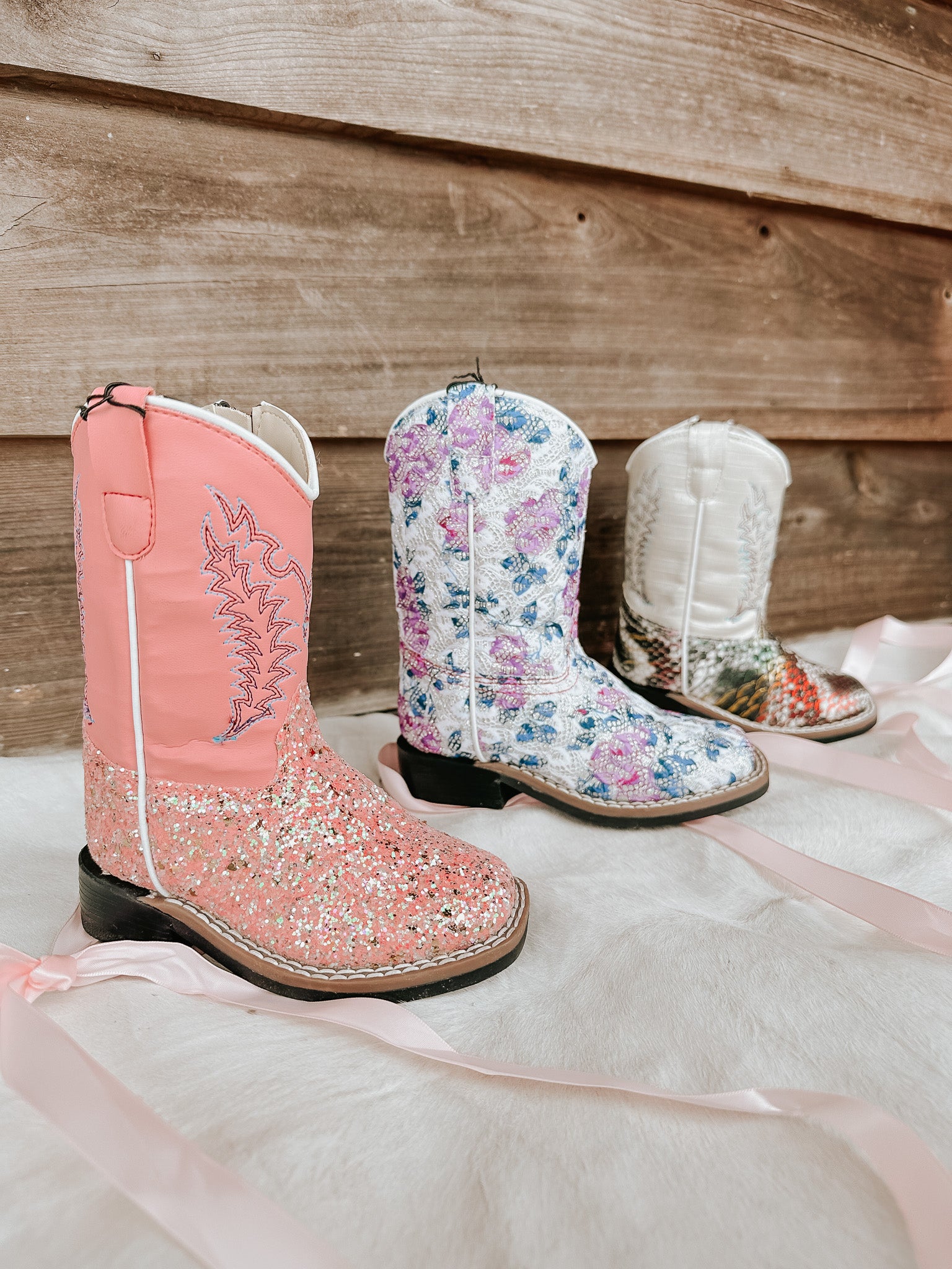OLD WEST TODDLER PINK GLITTER SQUARE TOE BOOTS