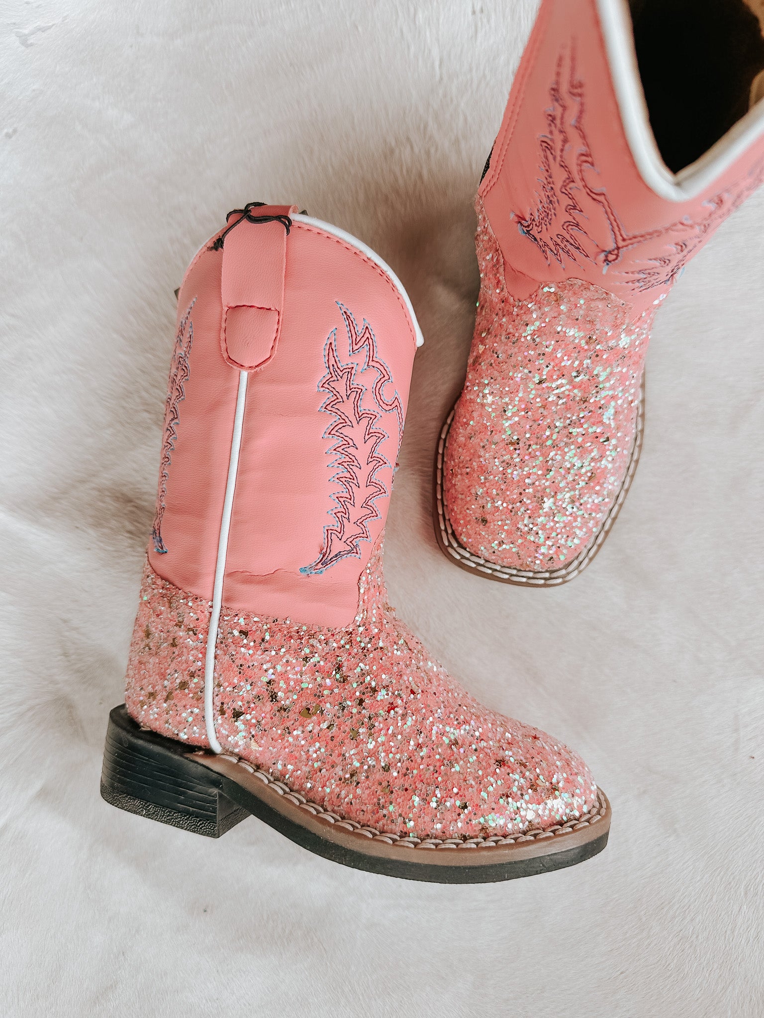 OLD WEST TODDLER PINK GLITTER SQUARE TOE BOOTS