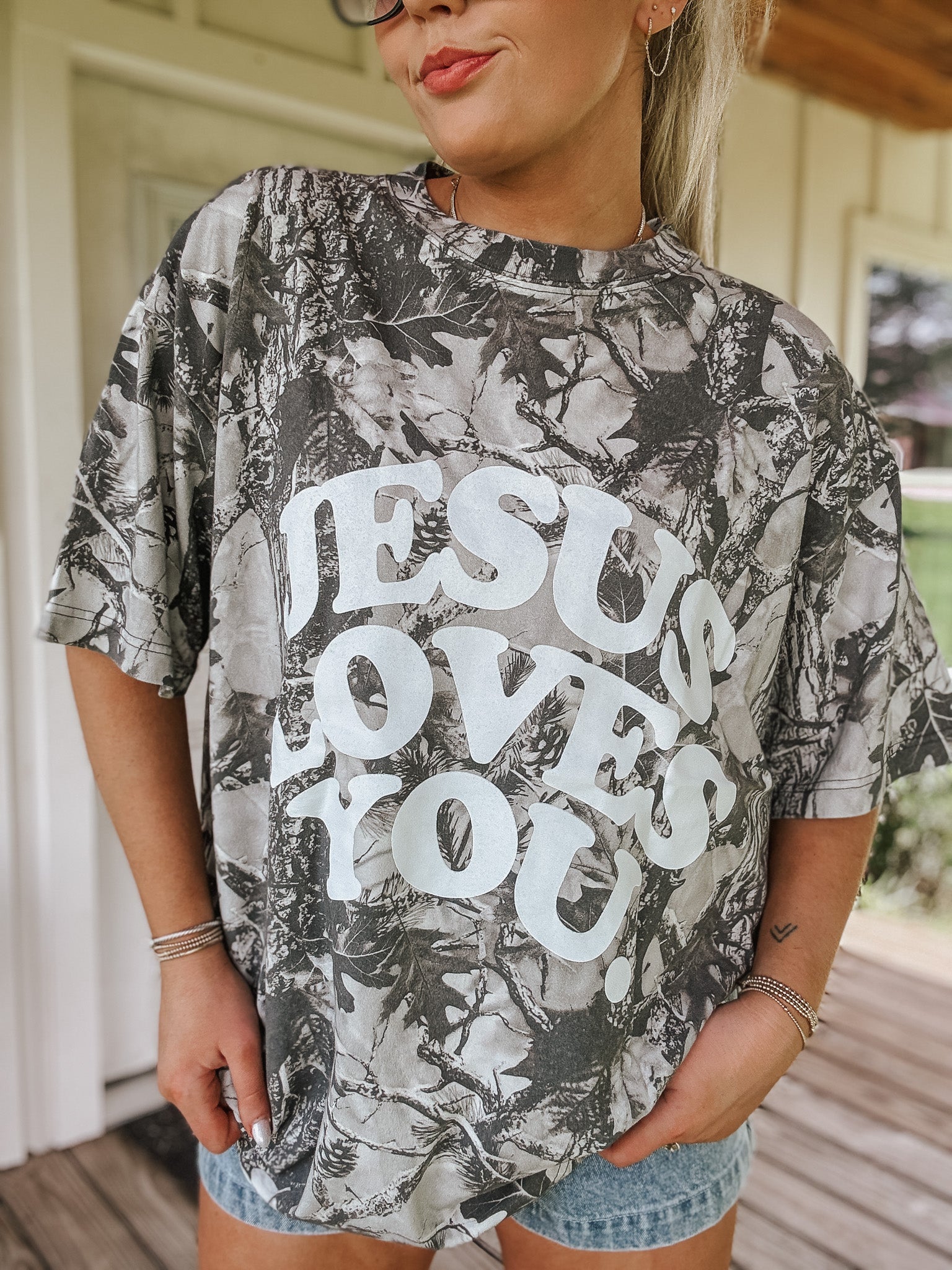 Jesus Loves You Camo Tee in Grey