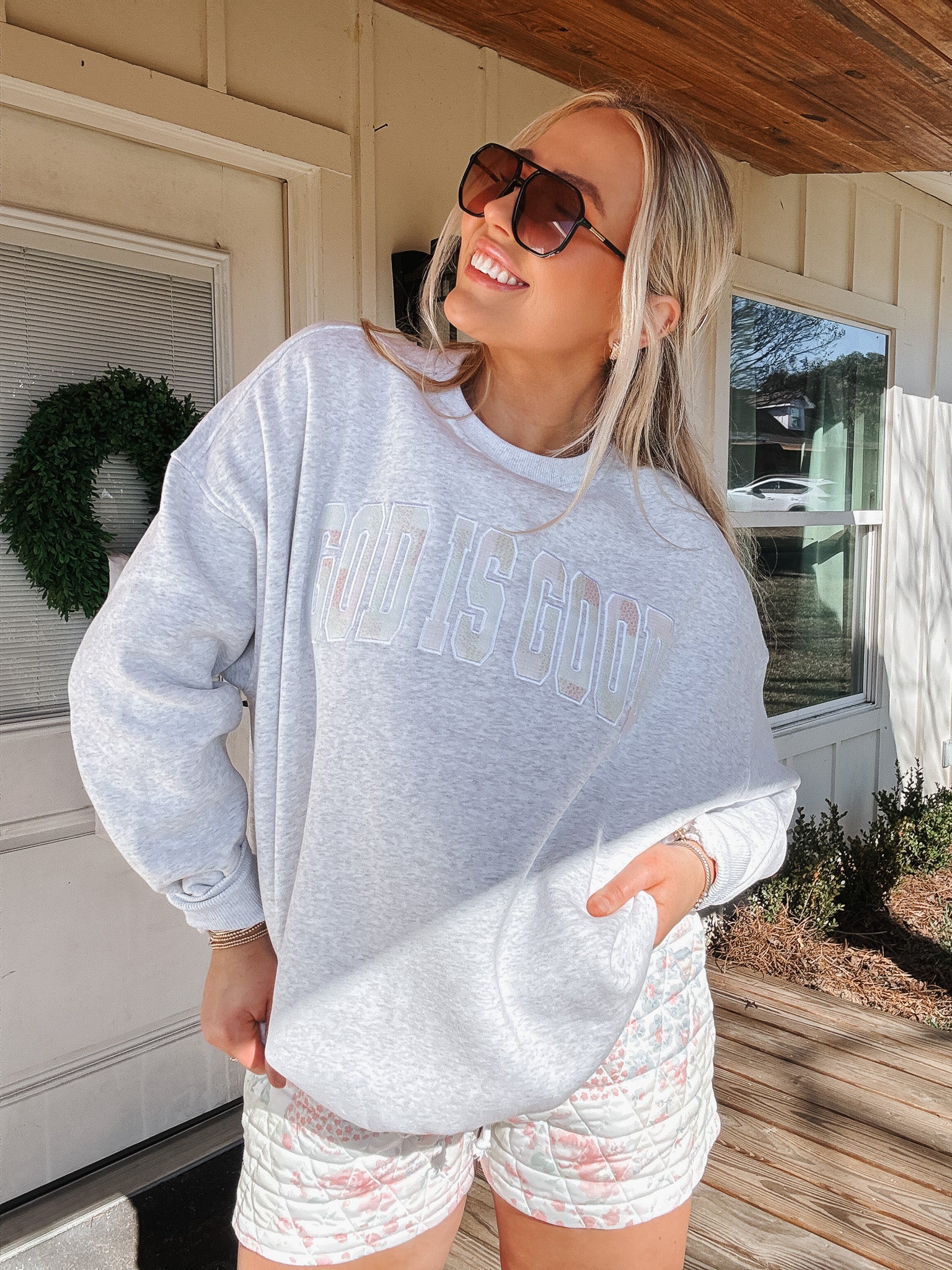 God Is Good Quilted Pastel Embroidered Sweatshirt