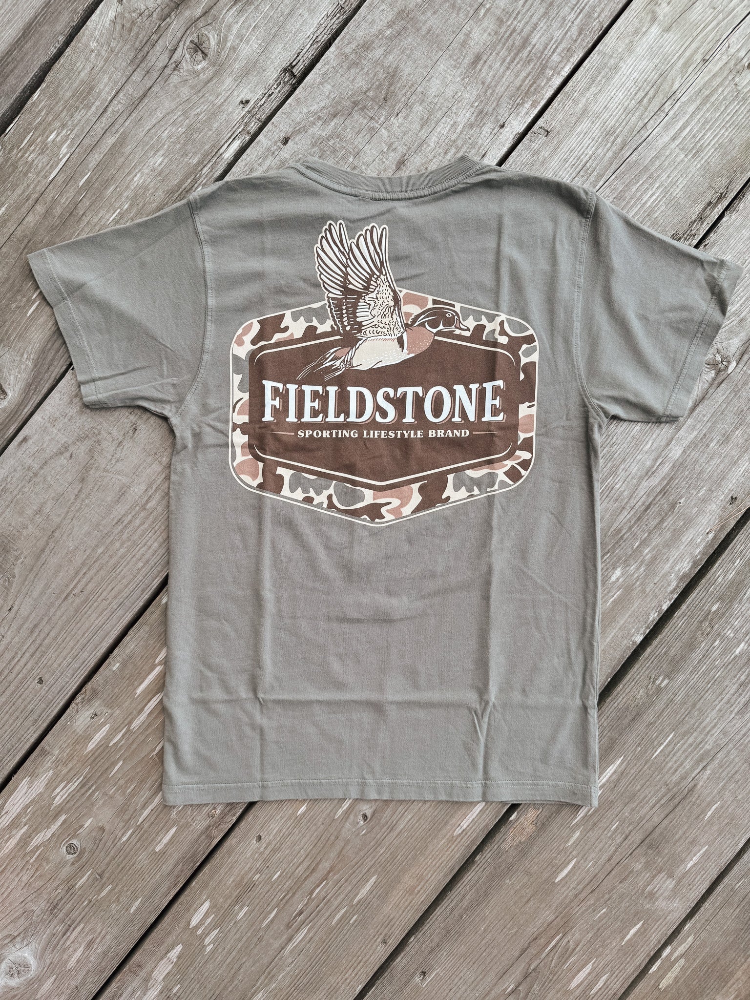 Youth Fieldstone Camo Wood Duck T-Shirt in Moss