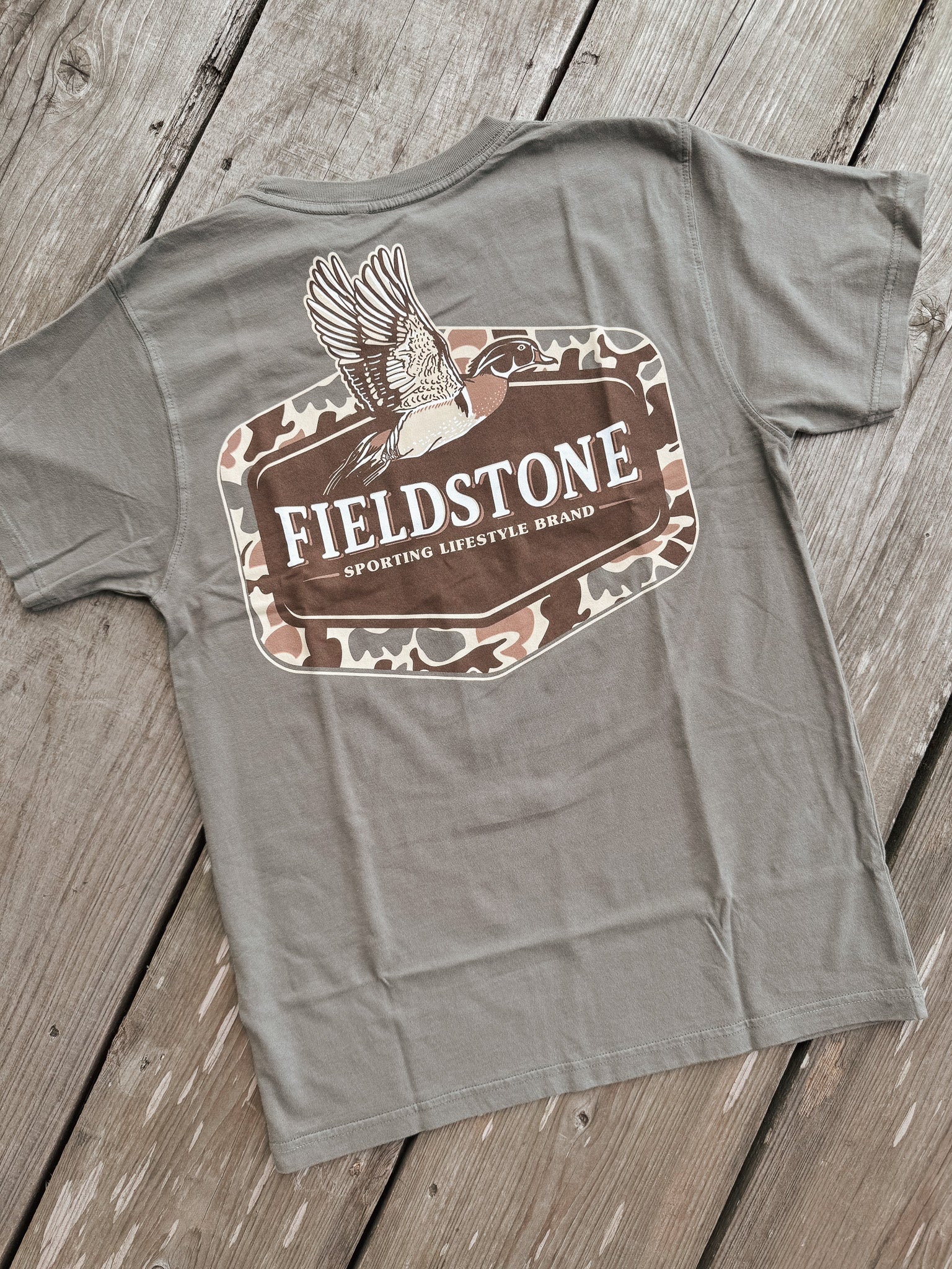 Youth Fieldstone Camo Wood Duck T-Shirt in Moss