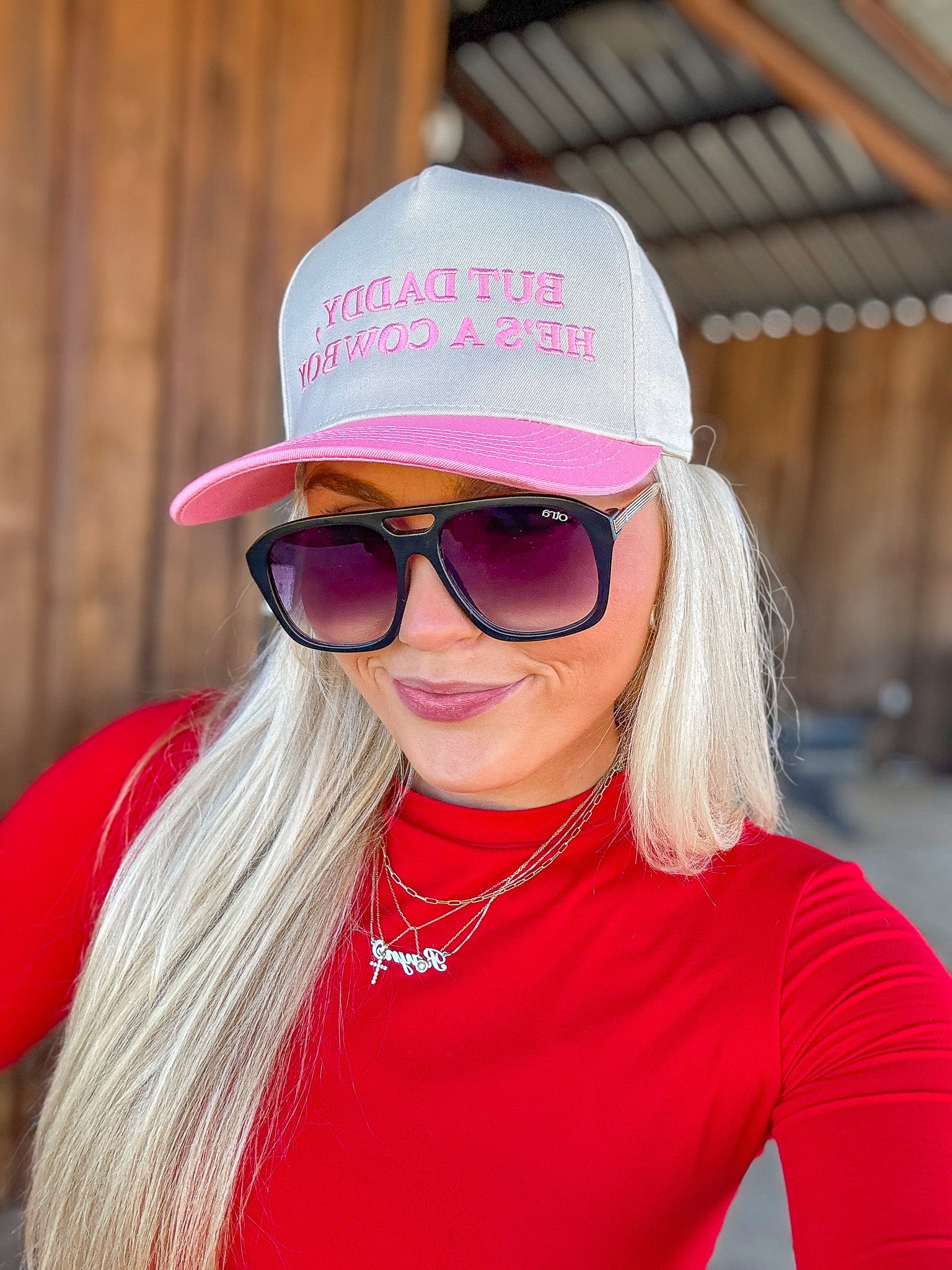 But Daddy, He's A Cowboy Pink Trucker Hat