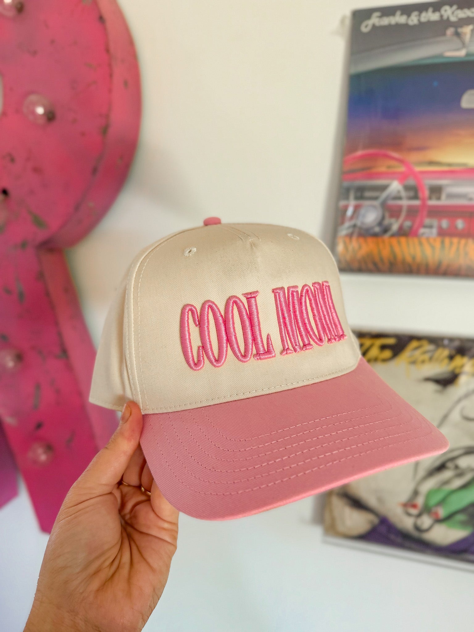 Cool Mom Pink Puff Trucker Hat in Cream