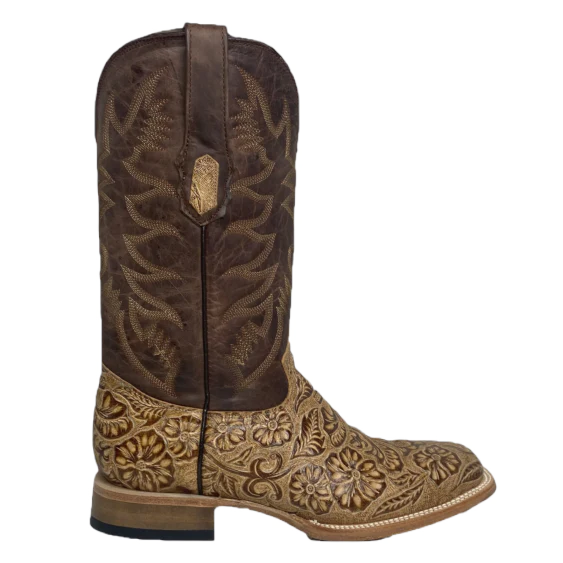 Botas Cowtown Oryx con diseño floral a mano y punta cuadrada en color marrón para hombre