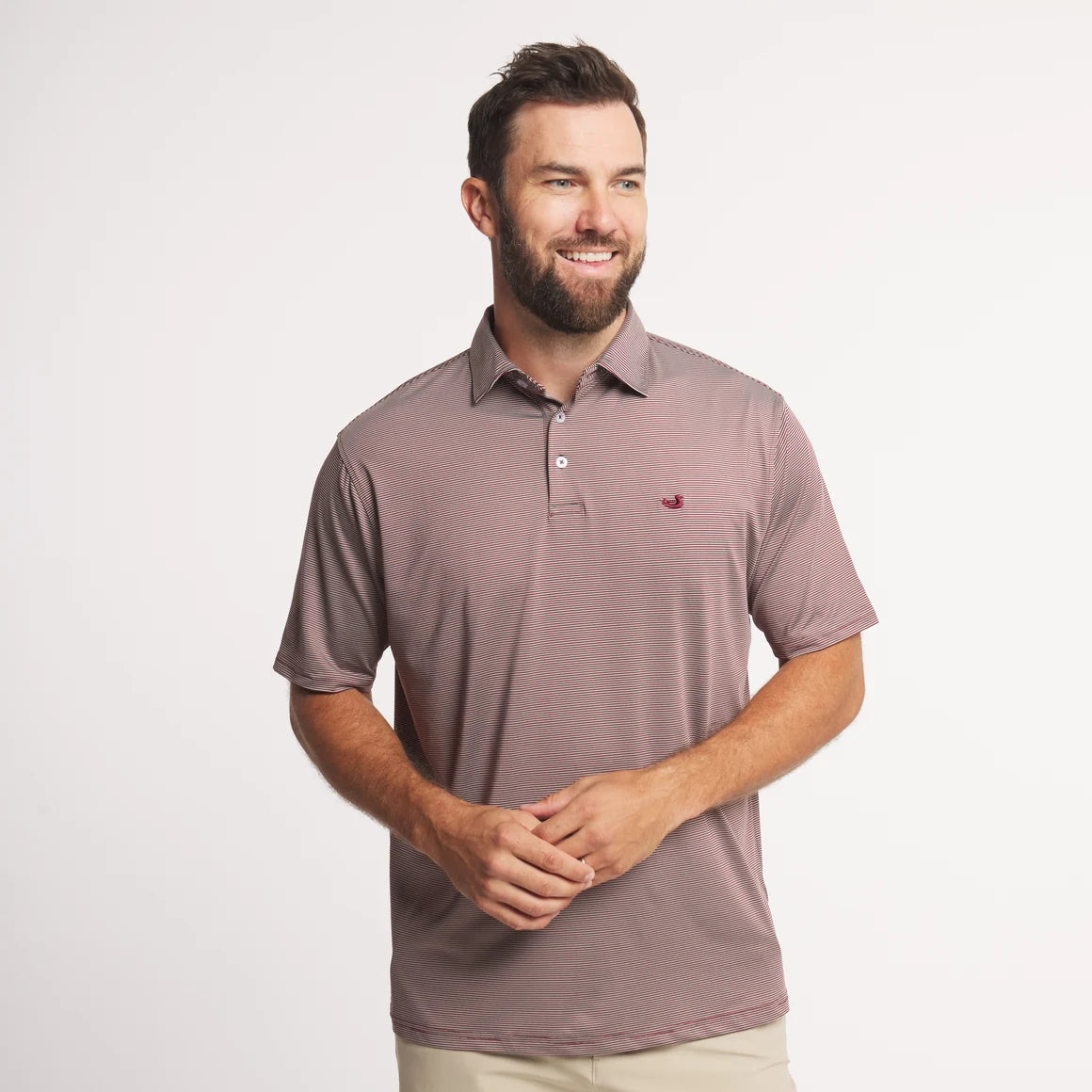 Southern Marsh | Bermuda Meadowood Stripe Performance Polo in Maroon/Grey