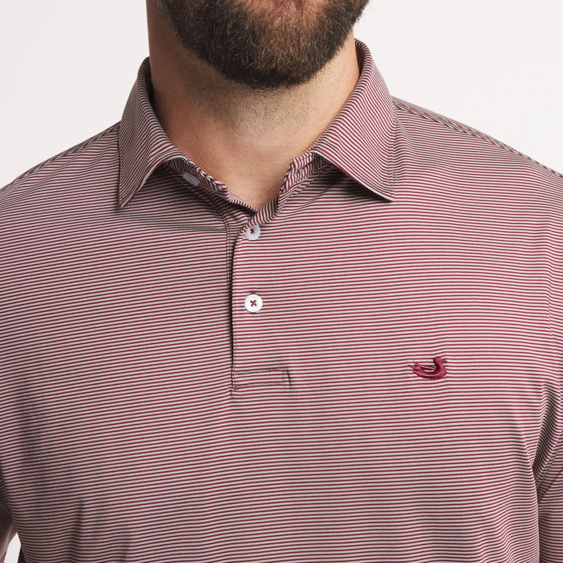 Southern Marsh | Bermuda Meadowood Stripe Performance Polo in Maroon/Grey
