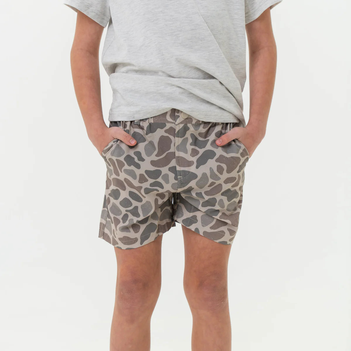 Youth Blurlebo Everyday Short in Classic Deer Camo - Grey Pocket