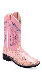 OLD WEST GIRL'S PINK GLITTER SQUARE TOE BOOTS