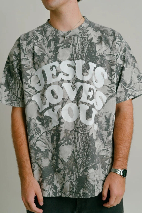 Jesus Loves You Camo Tee in Grey