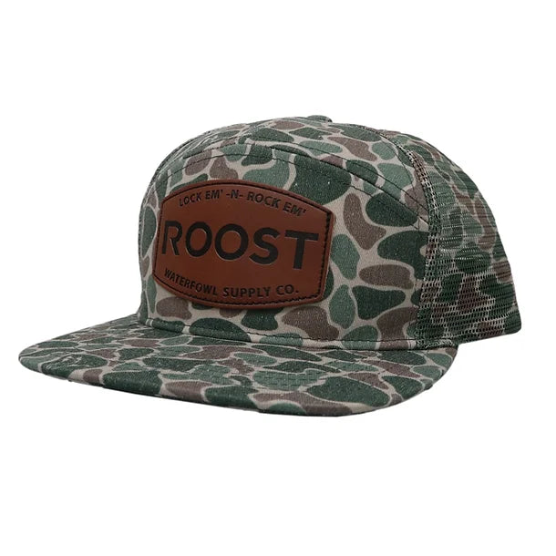 Roost 7 Panel Leather Camo Mesh Cap