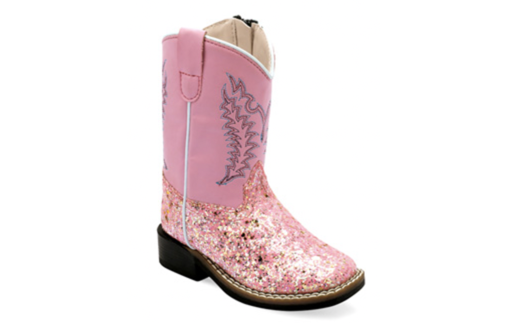 OLD WEST TODDLER PINK GLITTER SQUARE TOE BOOTS