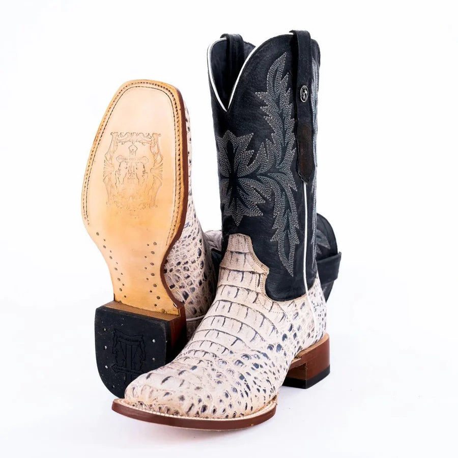 Tanner Mark Men's Caiman Hornback Print Square Toe Boots in Natural