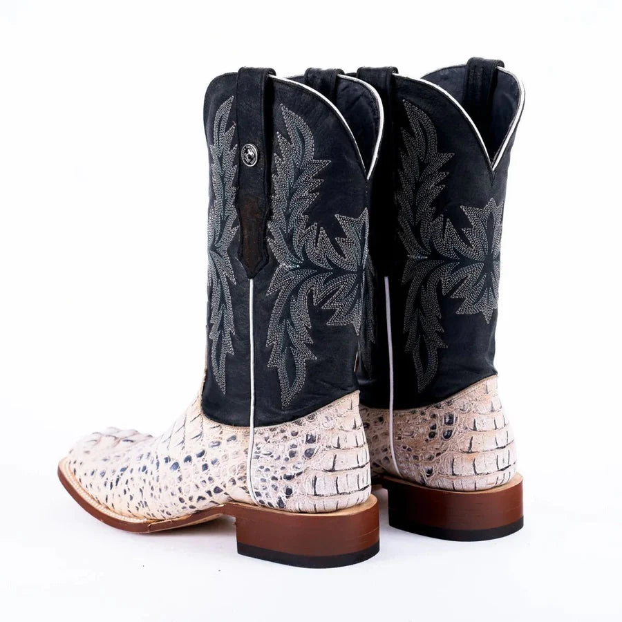 Tanner Mark Men's Caiman Hornback Print Square Toe Boots in Natural