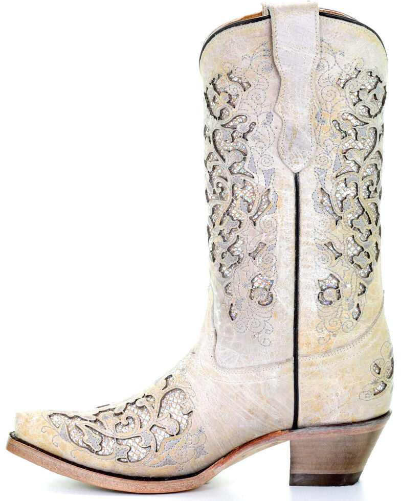Youth Corral Bone Glitter Inlay & Embroidery Snip Toe Boots
