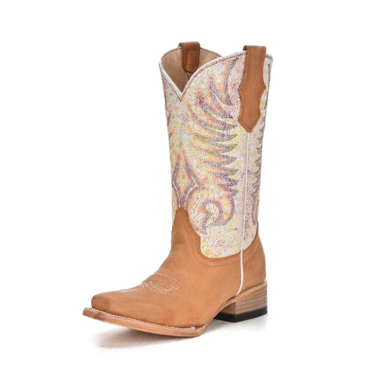 Youth Circle G Tan White Embroidery Square Toe Boots