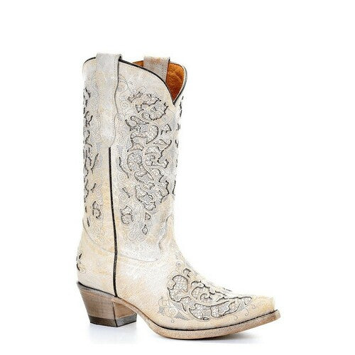 Youth Corral Bone Glitter Inlay & Embroidery Snip Toe Boots