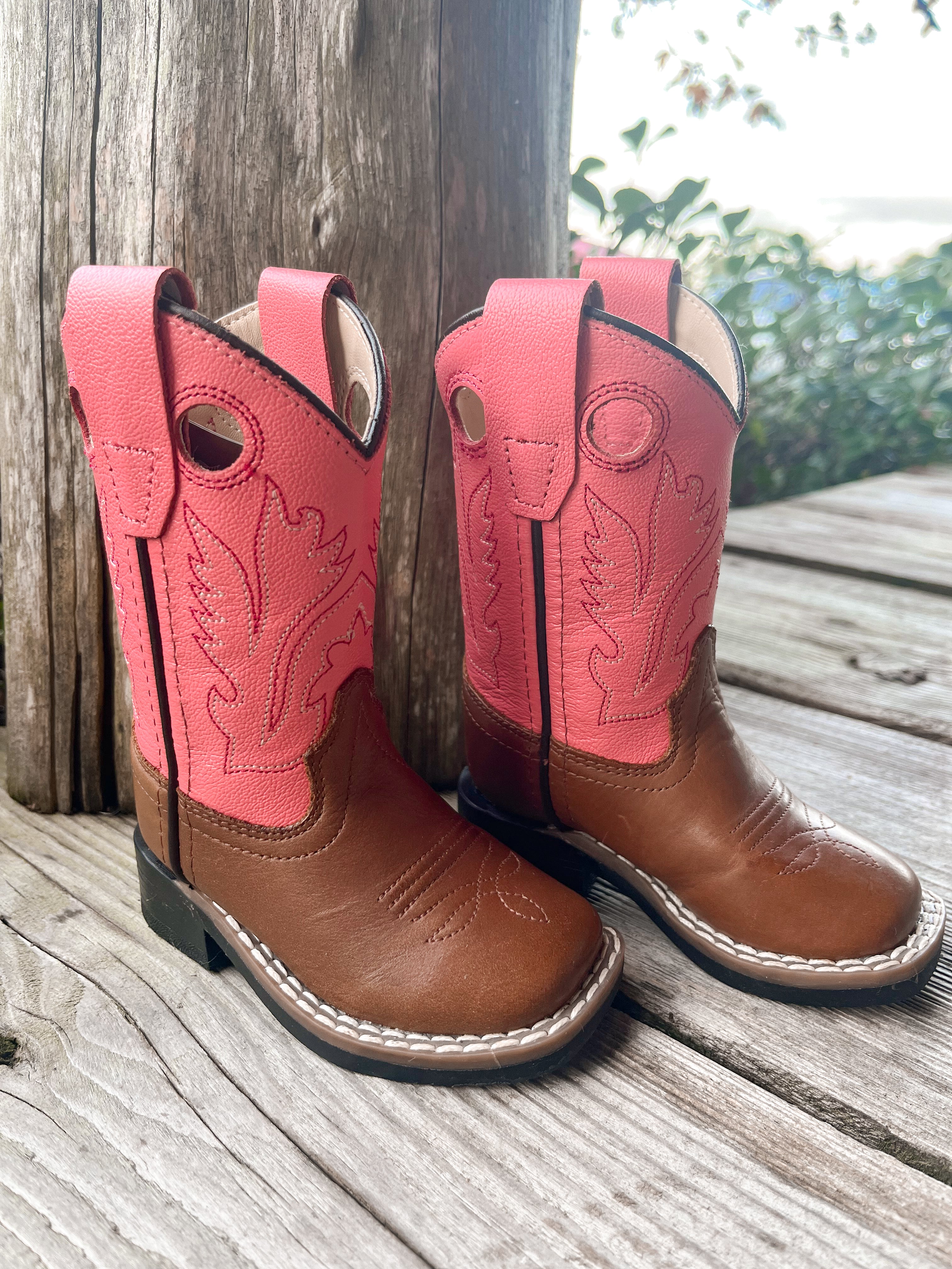 Botas Old West para bebé en color canela/rosa