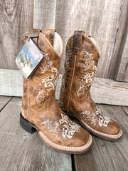 YOUTH OLD WEST WELTED BROWN LEATHER SQUARE TOE BOOTS