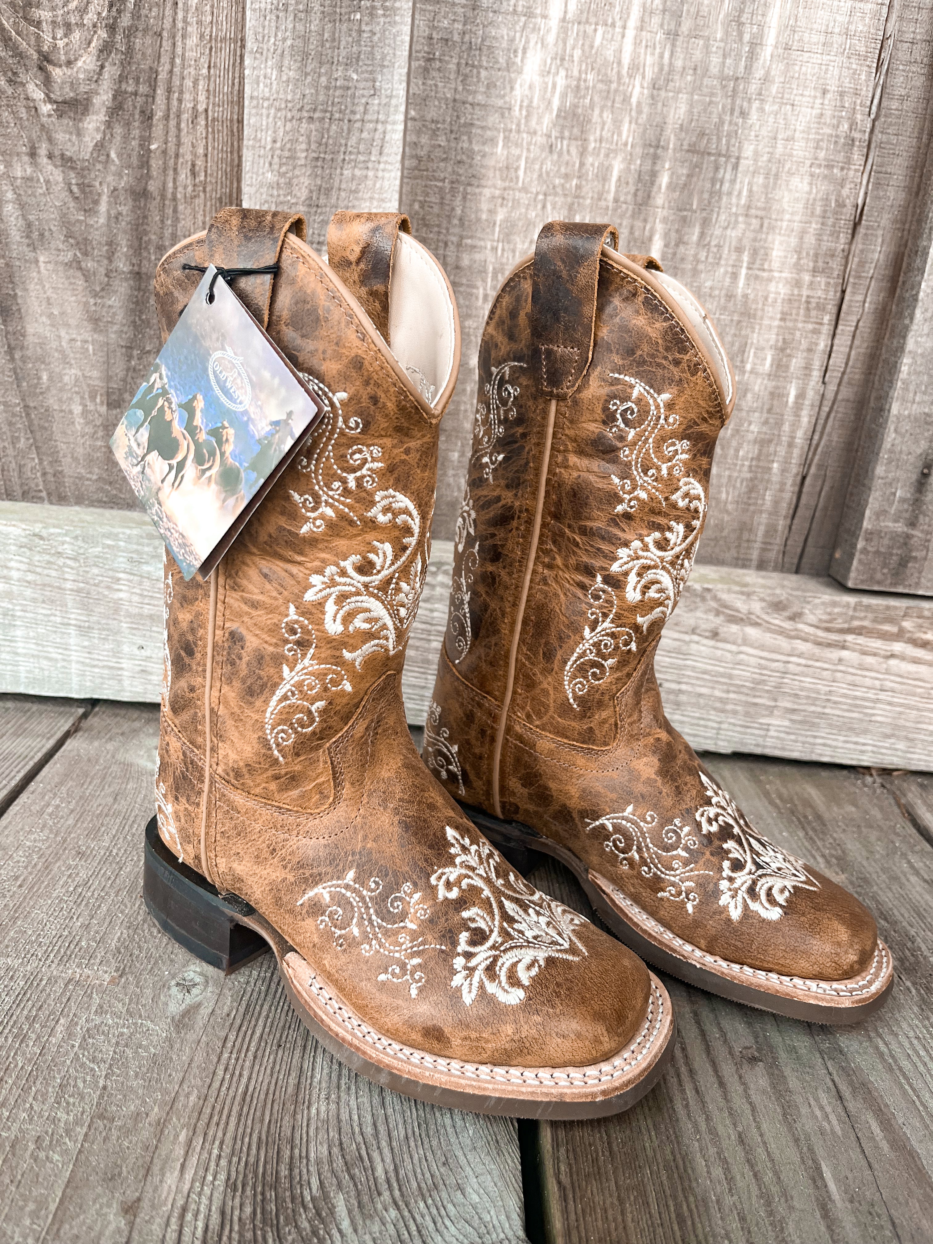 YOUTH OLD WEST WELTED BROWN LEATHER SQUARE TOE BOOTS