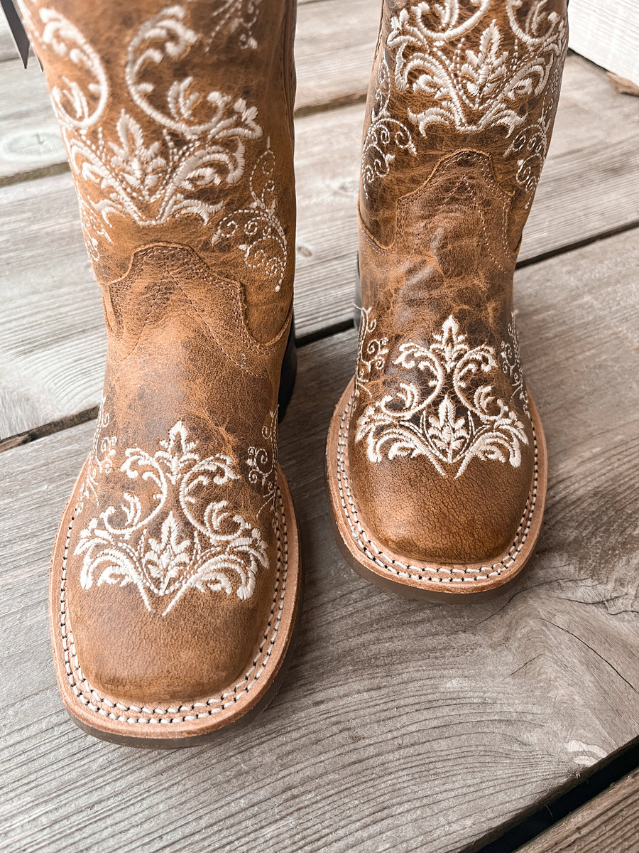 YOUTH OLD WEST WELTED BROWN LEATHER SQUARE TOE BOOTS Boot Country