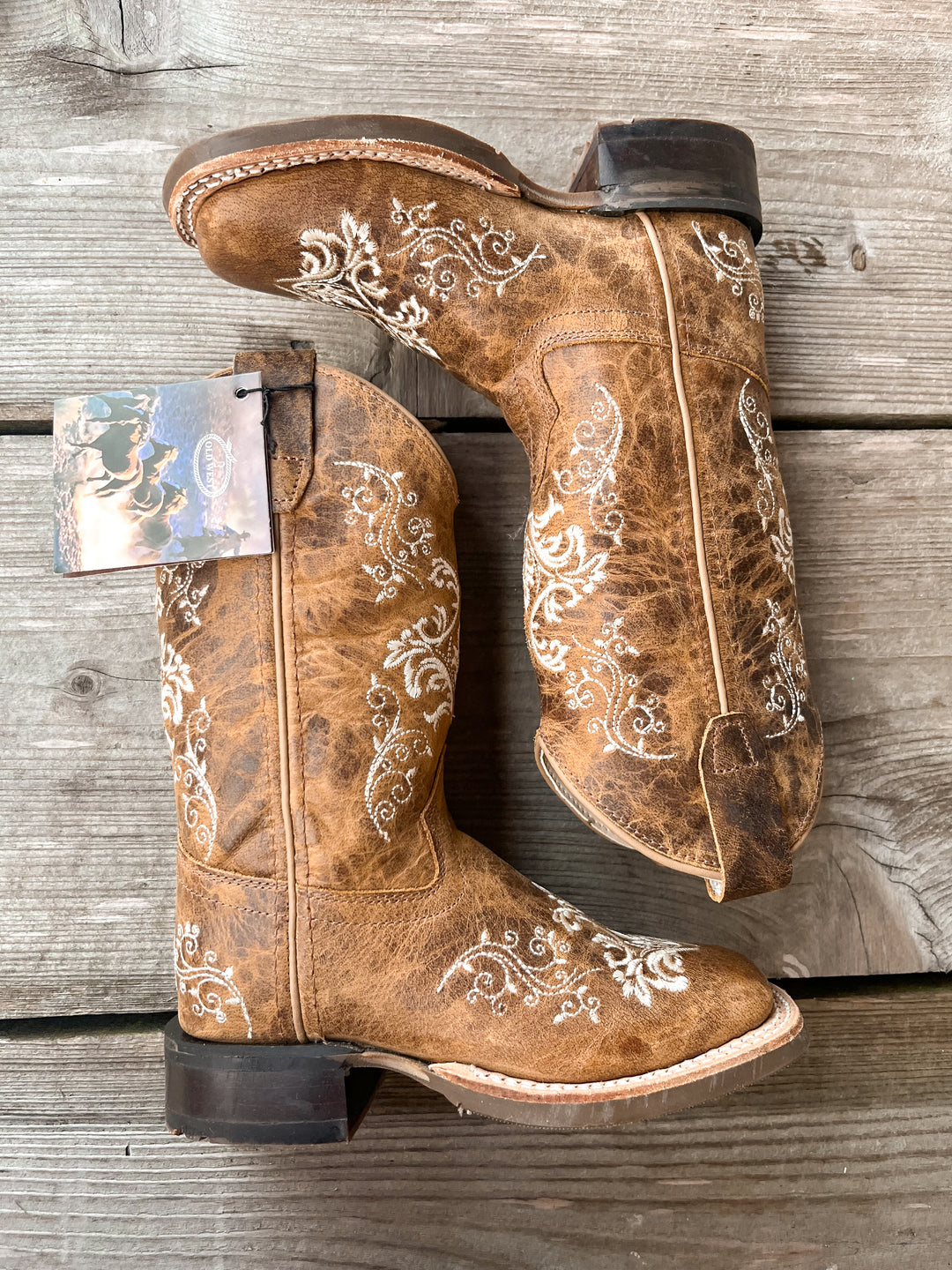 YOUTH OLD WEST WELTED BROWN LEATHER SQUARE TOE BOOTS