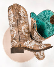 BOTA MUJER CORRAL BORDADO MARRÓN Y BLANCO 