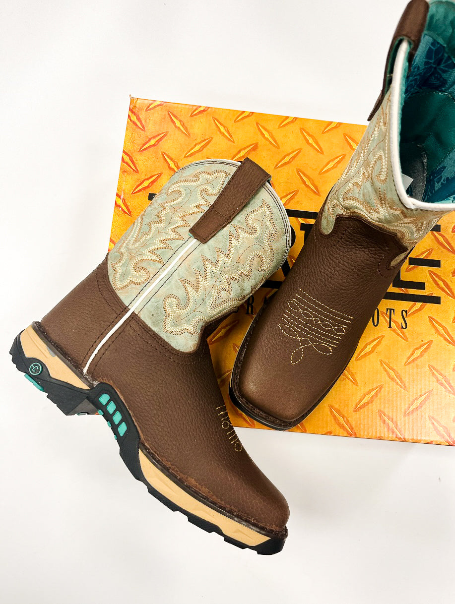 Bota de trabajo Corral Chocolate Hydro Resist con punta cuadrada para mujer