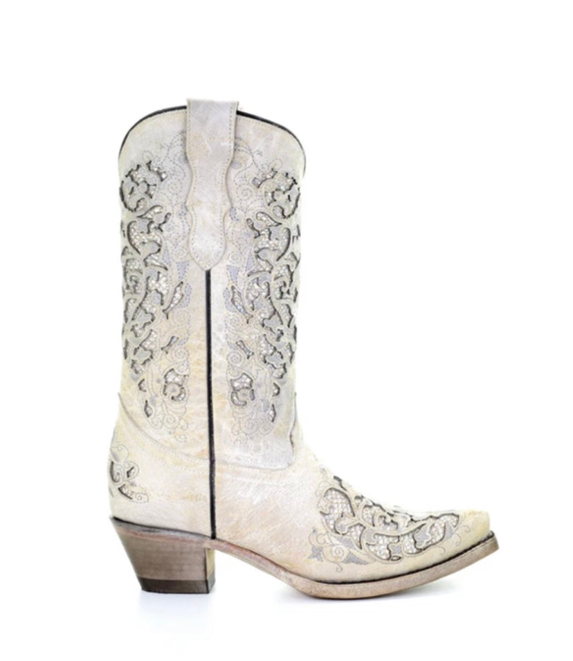 Youth Corral Bone Glitter Inlay & Embroidery Snip Toe Boots