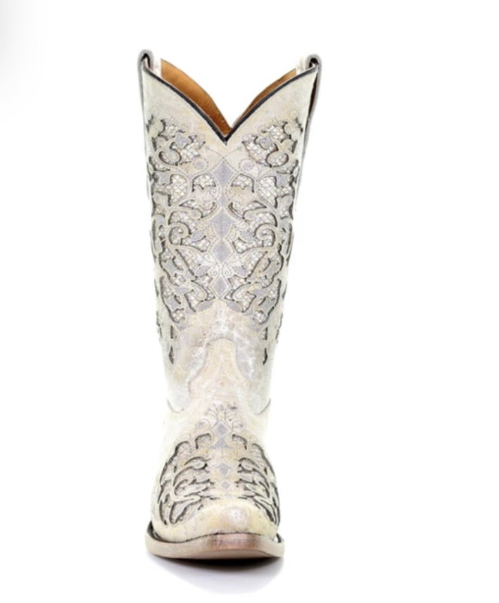 Youth Corral Bone Glitter Inlay & Embroidery Snip Toe Boots