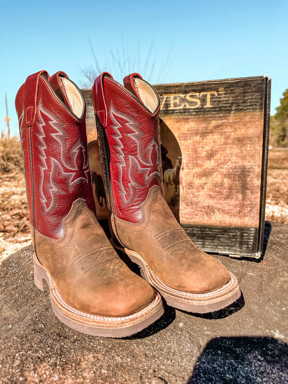 Youth Old West Red Top Square Toe Western Boots – Boot Country display picture 1