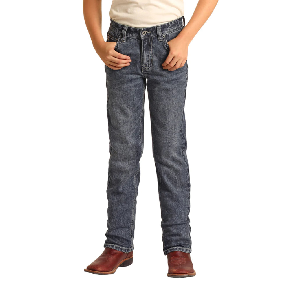 Vaqueros con corte de bota estilo revólver bordados con puntada de cuerda Rock N Roll para niño